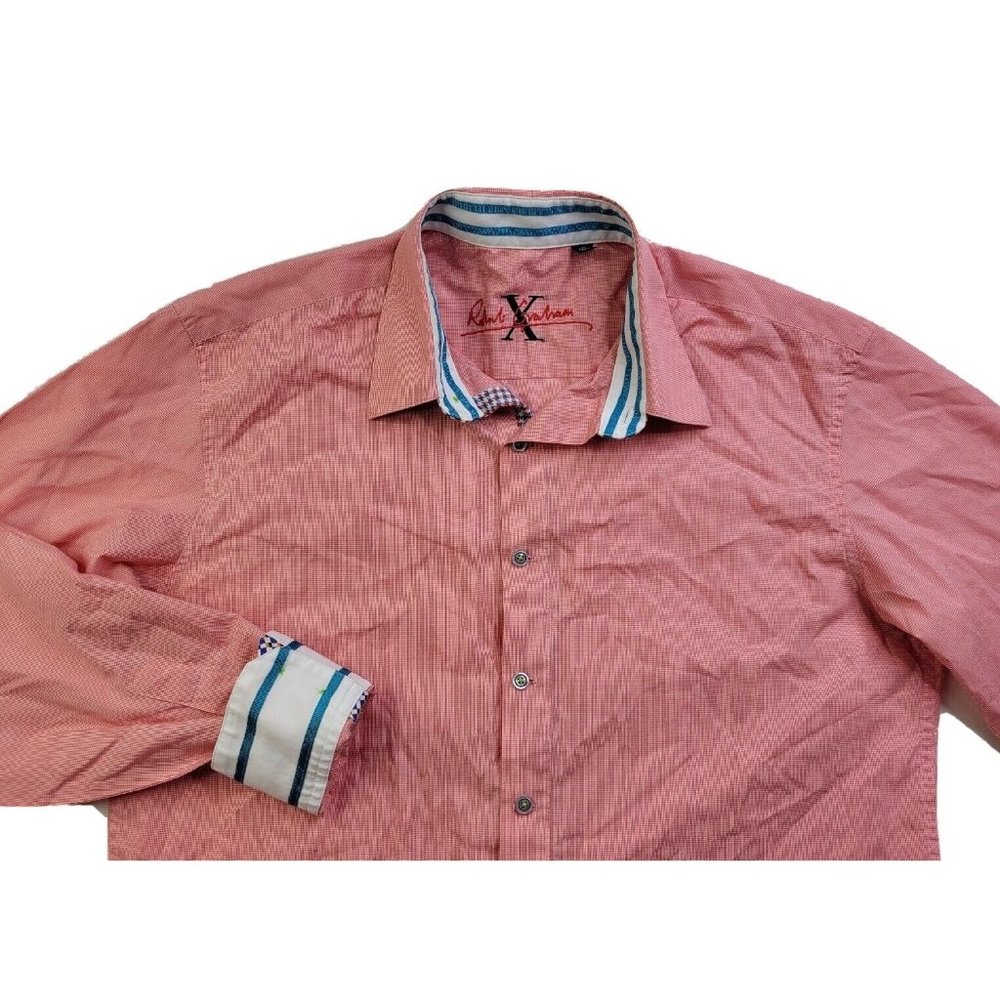 Robert Graham X Men's L Orange Tiny Check Button Dress Shirt Flip Cuff
